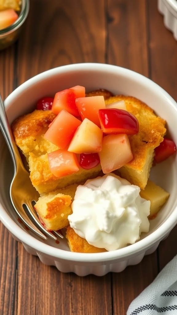 Krispy Kreme bread pudding topped with fruit cocktail and whipped cream on a rustic table.